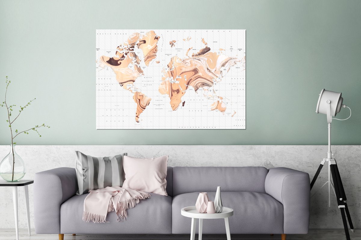 Wanddecoratie Metaal - Aluminium Schilderij Industrieel - Wereldkaart - Verf - Bruin - 120x80 cm - Dibond - Foto op aluminium - Industriële muurdecoratie - Voor de woonkamer/slaapkamer