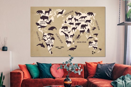 Décoration murale en métal - Peinture sur aluminium style industriel - Wereldkaart - Animaux - Monde - 150 x 100 cm - Dibond - Photo sur aluminium - Décoration murale industrielle - Pour le salon/la chambre