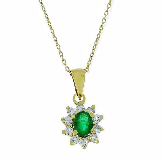 Gouden Ketting met Hanger Diamant Smaragd 14 karaats
