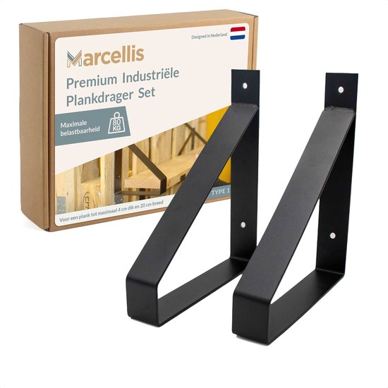 Marcellis - Industriële plankdrager - Voor plank 20cm - mat zwart - staal - incl. bevestigingsmateriaal + schroefbit - type 1