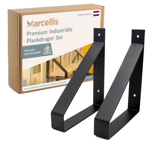 Deux supports d'étagère industriels noir mat type 1, pour étagères jusqu'à 20cm de large.