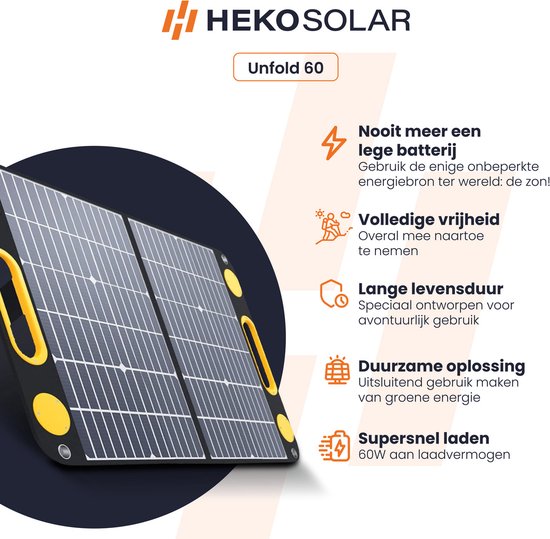 Heko Solar® Unfold 60 - Draagbaar Zonnepaneel - 60W - Opvouwbaar - IP65 - Werkt met Powerbank en Powerstation - USB-A en USB-C - Voor Camper - Noodpakket, Kamperen en Outdoor van HEKO Solar® — afbeelding 3