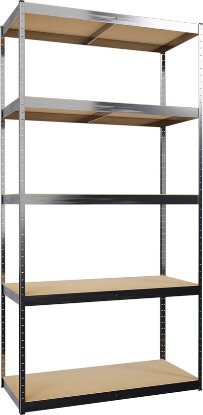 Een magazijnstelling van metaal met vijf houten planken, geïsoleerd op een witte achtergrond.