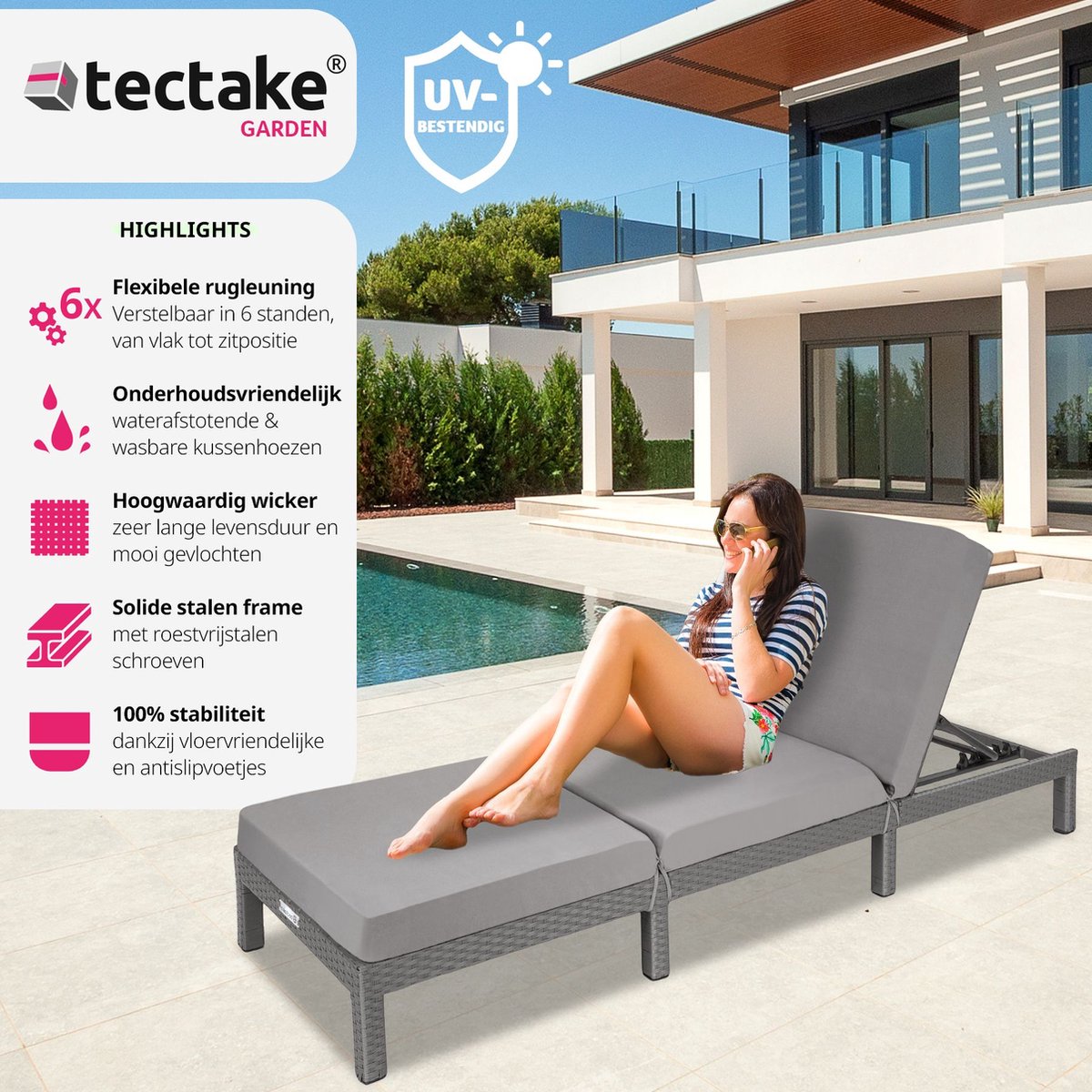 tectake® - Luxe wicker tuinligstoel met 5 verstelbare rugleuningposities, comfortabele vulling en stijlvol design, stabiel stalen frame, onderhoudsvriendelijk, voor tuin, terras, zwembad - grijs — afbeelding 2