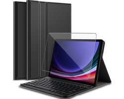 Hoes met toetsenbord geschikt voor Samsung Galaxy Tab S10 Plus / S9 Plus / S9 FE Plus / S8 Plus / S7 Plus / S7 FE - Screen Protector GlassGuard - Keyboard Book Case Cover Hoesje Zwart & Screenprotector