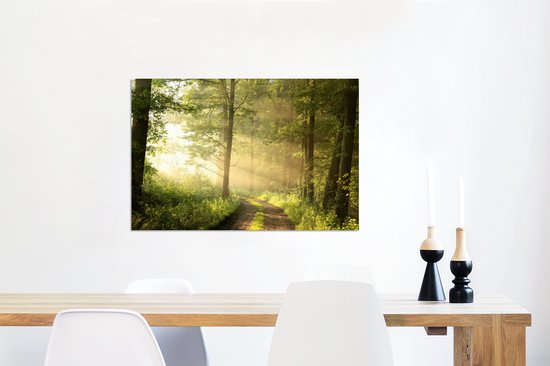 Wanddecoratie Metaal - Aluminium Schilderij Industrieel - Bos - Zon - Bomen - 90x60 cm - Dibond - Foto op aluminium - Industriële muurdecoratie - Voor de woonkamer/slaapkamer