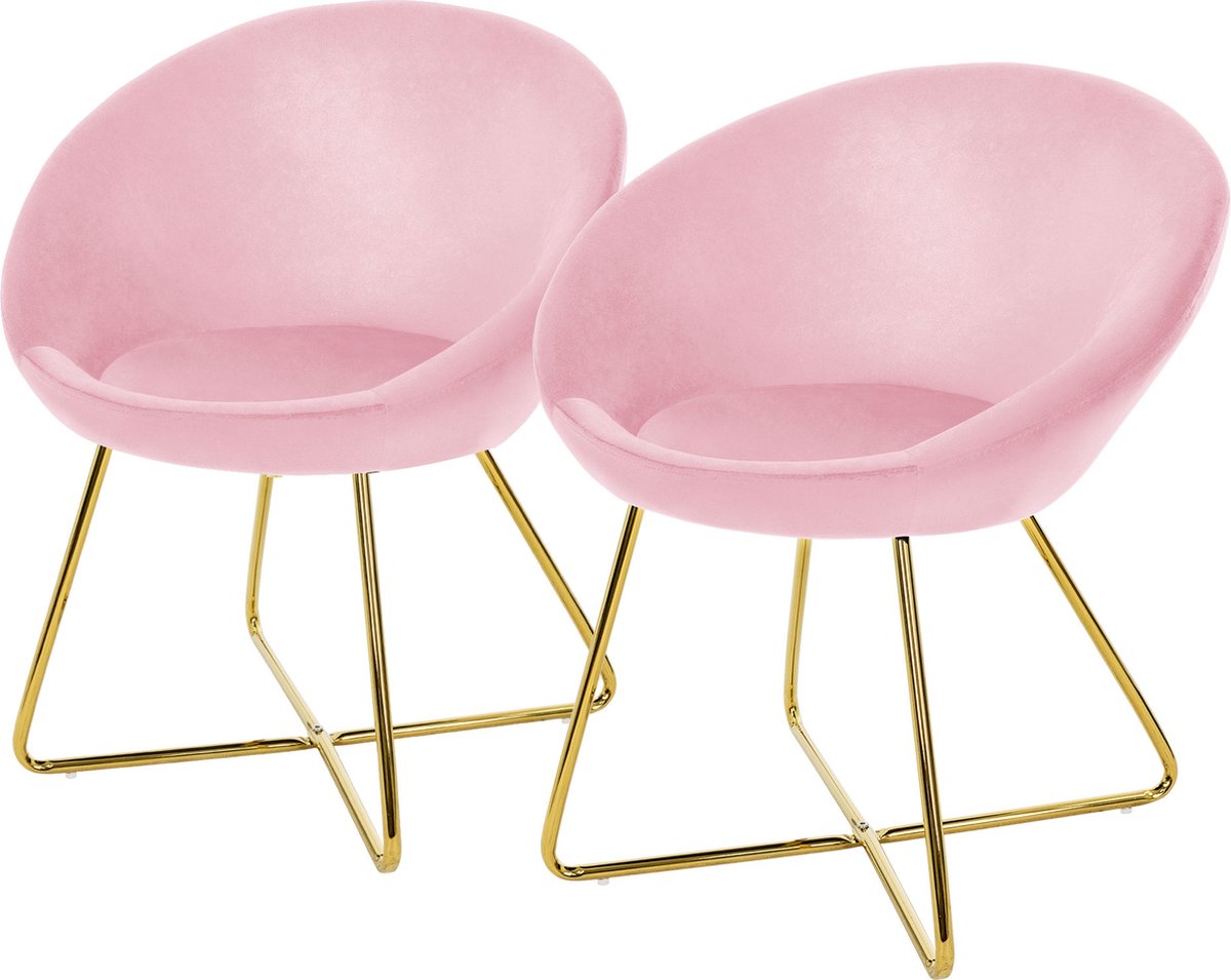Eetkamerstoel set van 2 met ronde rugleuning roze fluweel met goudkleurige metalen poten M