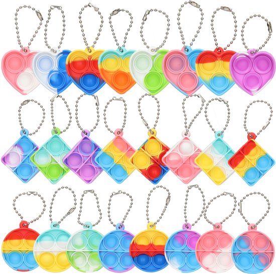 Partizzle 24x Pop It Fidget Toys Sleutelhangers Pakket - Popit Uitdeelcadeautjes Hart - Grabbelton Traktatie Cadeautjes - Voor Kinderen