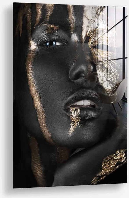 Wallfield™ - Face of Gold II | Glasschilderij | Muurdecoratie / Wanddecoratie | Gehard glas | 40 x 60 cm | Canvas Alternatief | Woonkamer / Slaapkamer Schilderij | Kleurrijk | Modern / Industrieel | Magnetisch Ophangsysteem
