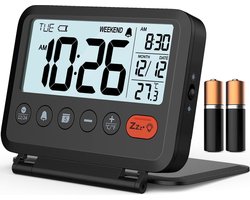 Reizen wekker: 2 niveaus achtergrondverlichting, 2 volumes, 12/24H, kalender, temperatuur, weekendmodus, snooze, opvouwbare hoes, batterij aangedreven kleine digitale klok (AAA batterijen inbegrepen)