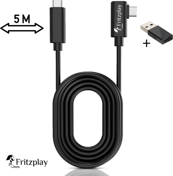 Fritzplay® Link Kabel voor Meta Oculus Quest 1, 2 & 3 etc - USB-C naar USB-C 3.2 Gen 1 - 5 Meter - 5Gbps Hoge Snelheid Datatransfer - Inclusief Klittenband Kabelbinder en USB adapter