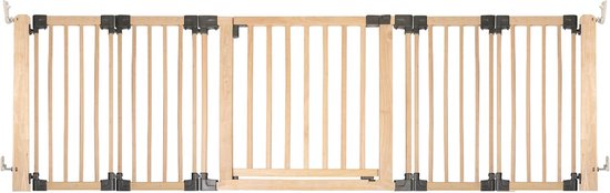 Safetots Houten Panelenhek Voor Kinderen, Tot 336cm, Naturel, Hout, 76cm Hoog, Flexibel Kamerbreedhekje met Meerdere Panelen en 1 Deur, Traphek voor Baby's, Peuters en Kleuters, Kinderhek