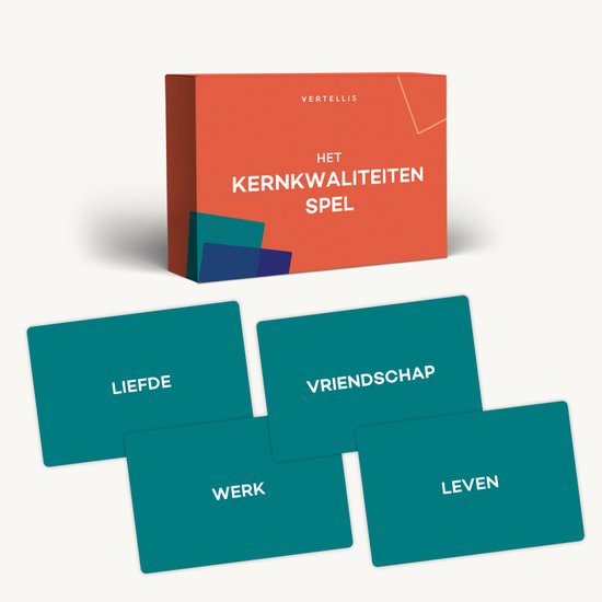 Oranje doos van "HET KERNKWALITEITEN SPEL" met vier groene kaarten: "LIEFD", "VRIENDSCHAP", "WERK", "LEVEN".