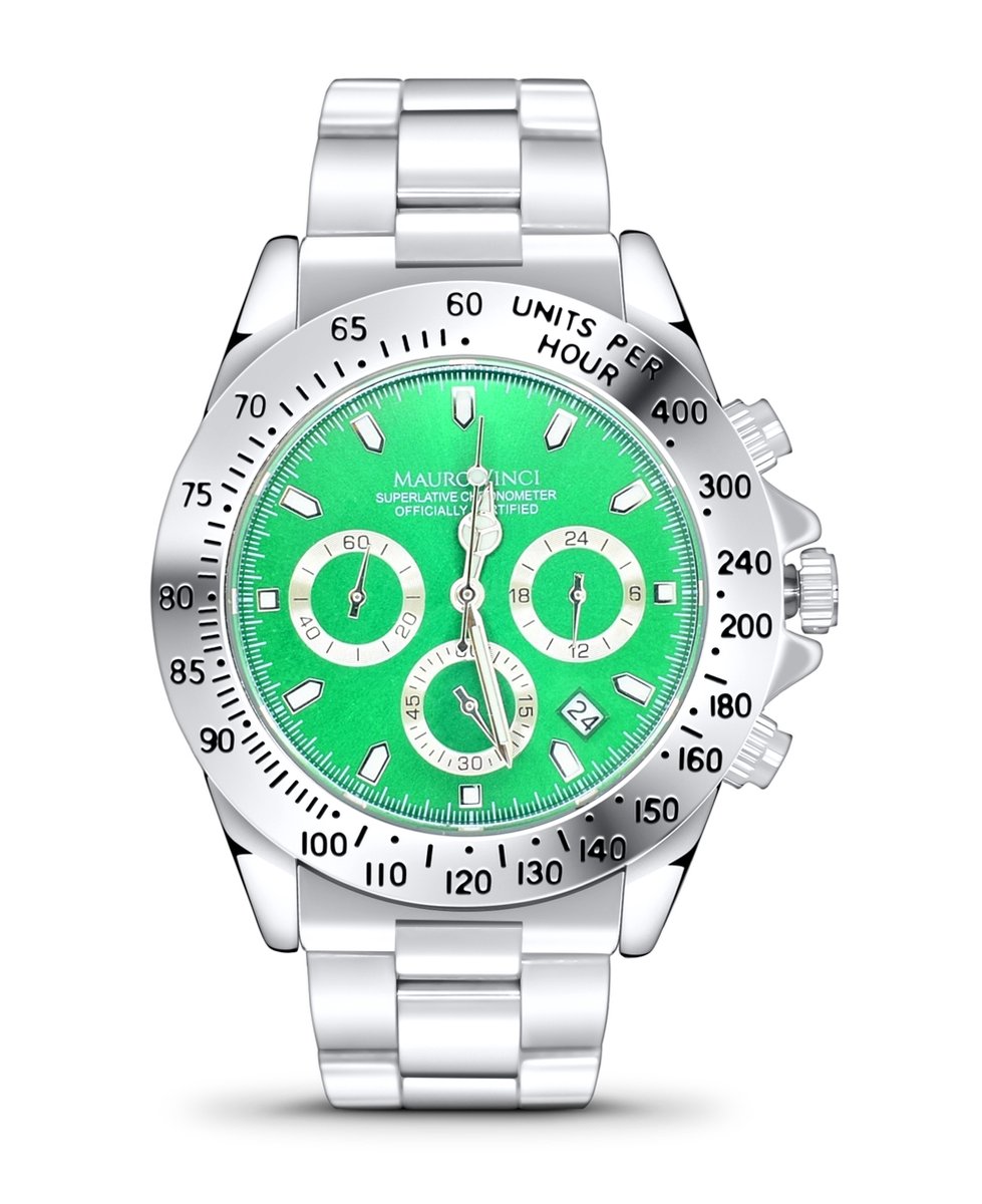 Horloge heren staal groen Active Mauro Vinci met lichtgevende wijzers - Polshorloge met geschenkverpakking - Chronograaf rvs horloges -
