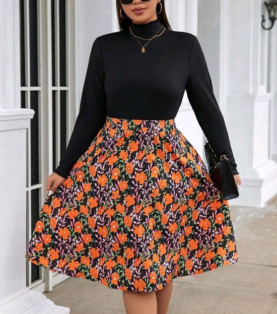 2 delige sexy elegante prachtige outfit t shirt trui met lange mouwen en rok met bloemen 2XL eu 46/48