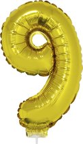 Gouden opblaas cijfer ballon 9 op stokje 41 cm
