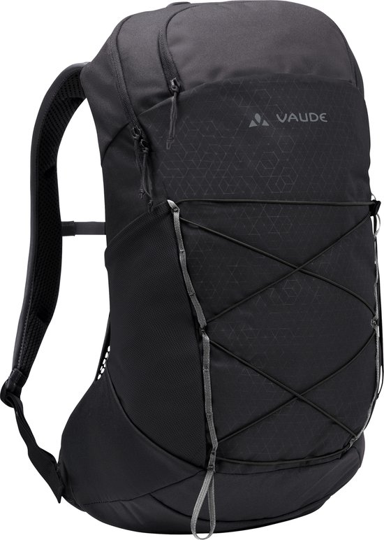 Zwarte VAUDE rugzak met elastische koordjes en een subtiel hexagonpatroon.
