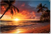 Tuinposter zonsondergang - Tuindecoratie tropisch strand - 120x80 cm - Poster voor in de tuin - Buiten decoratie palmbomen - Schutting tuinschilderij zee - Tuindoek muurdecoratie - Wanddecoratie balkondoek