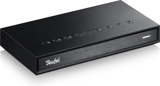 Zwart Teufel streamingapparaat met touchknoppen en metalen front.