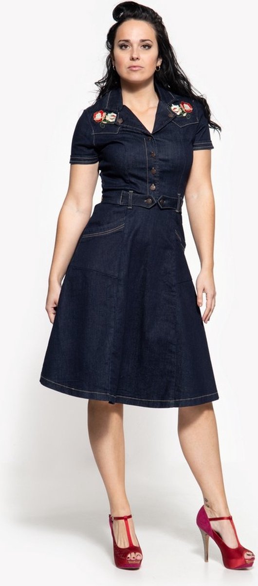 Queen Kerosin - Floral embroidery 50's Flare jurk - XL - Blauw
