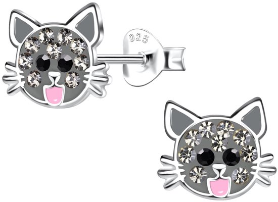 Joy|S - Zilveren kat poes oorbellen - 9 x 8 mm - grijs met grijs kristal en een roze tongetje - kinderoorbellen