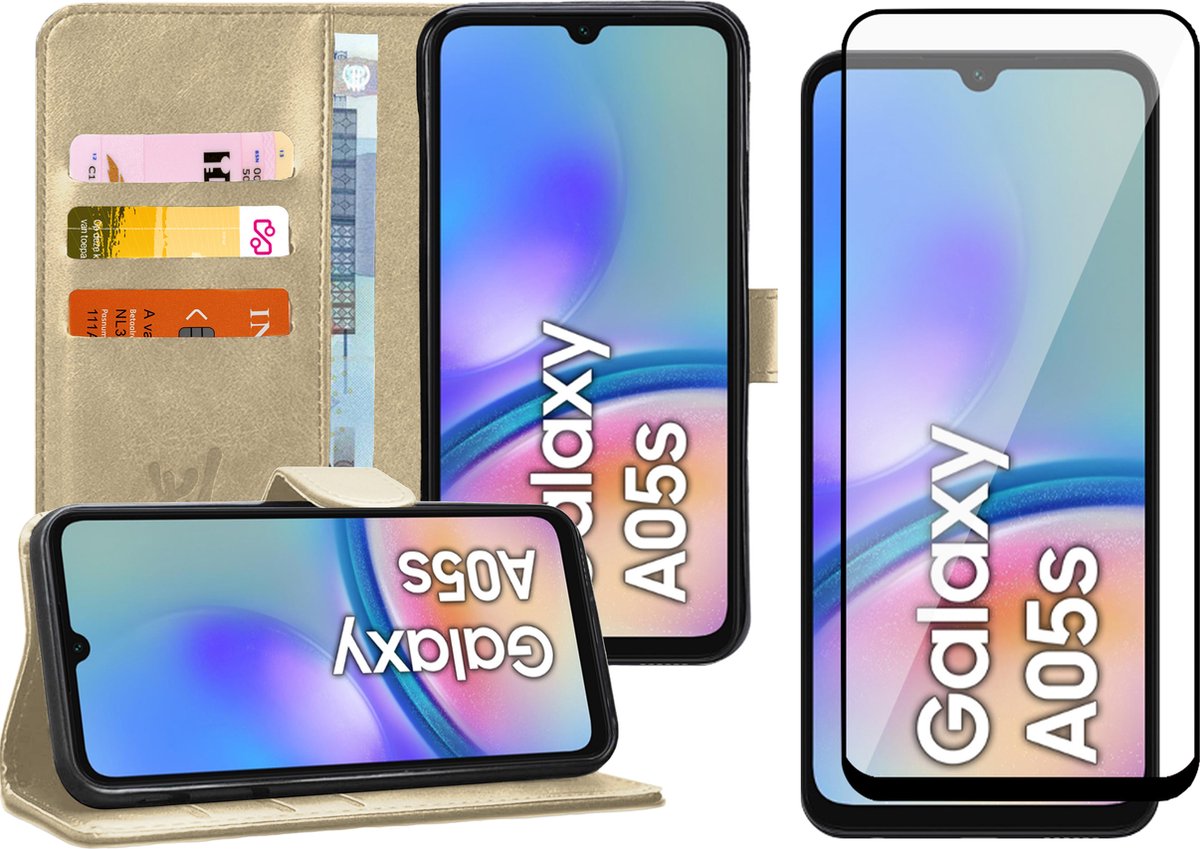 Hoesje geschikt voor Samsung Galaxy A05s - Screenprotector Volledig Dekkend Glas - Portemonnee Book Case Goud