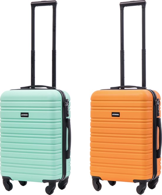 BlockTravel kofferset 2 delig ABS handbagage met wielen afneembaar 39 liter - inbouw TSA slot - mint groen - oranje