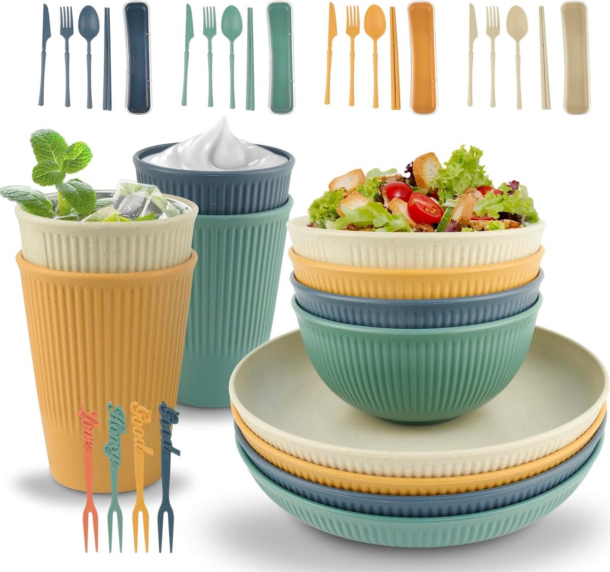 Picknickservies AolKee campingservies voor 4 personen campingborden plastic borden kommen kopjes vorken buitenservies campingbestek plastic picknickset