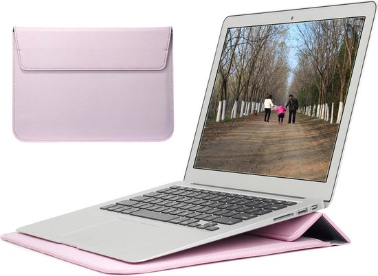 2-in-1 Laptopsleeve 13 tot 13,3 inch - Roze - Vegan Leer - Laptophoes Dames - Laptop Tas Sleeve met Standaard