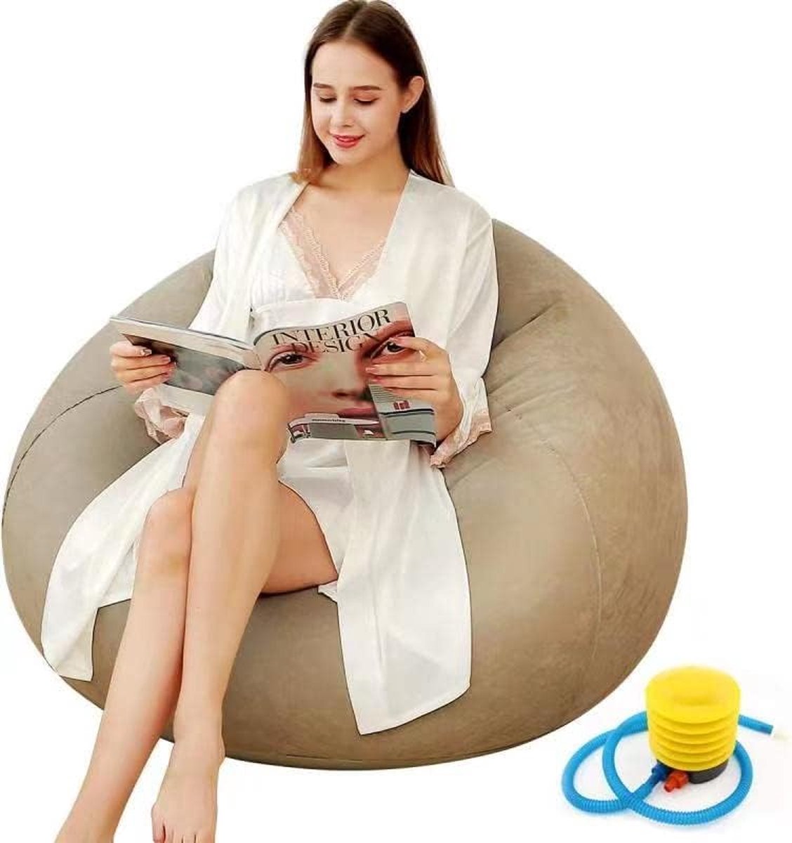 Opblaasbare stoel bank opblaasbare stoel gaming lounger binnen buiten camping tuin stijlvol zacht pluche voor volwassenen kinderen enkel (bolvormig kaki)