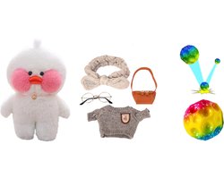 Lalafanfan Duck - Paperduck - Cafe Mimi - Paperduck Kleur Wit - inclusief accessoires - bril - tasje - truitje - Hoofdband - Premium Quality - Inclusief Moon Ball fidget 2024 nieuw Nasa Moon ball met led verlichting