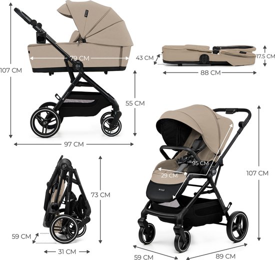 Kinderkraft YOXI - 2-in-1 Kinderwagen - Geschikt van geboorte tot 27 kg - Verstelbare rugleuning en voetensteun - Opvouwbaar en lichtgewicht - Inclusief regenscherm, voetenzak, muggennet, bekerhouder en luiertas - Duurzame, lekvrije wielen - Beige van Kinderkraft — afbeelding 2