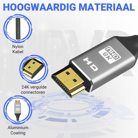 Close-up van een HDMI 2.1-stekker met gouden contacten. Details van de gevlochten nylon kabel, 24K vergulde connectoren en aluminium coating.