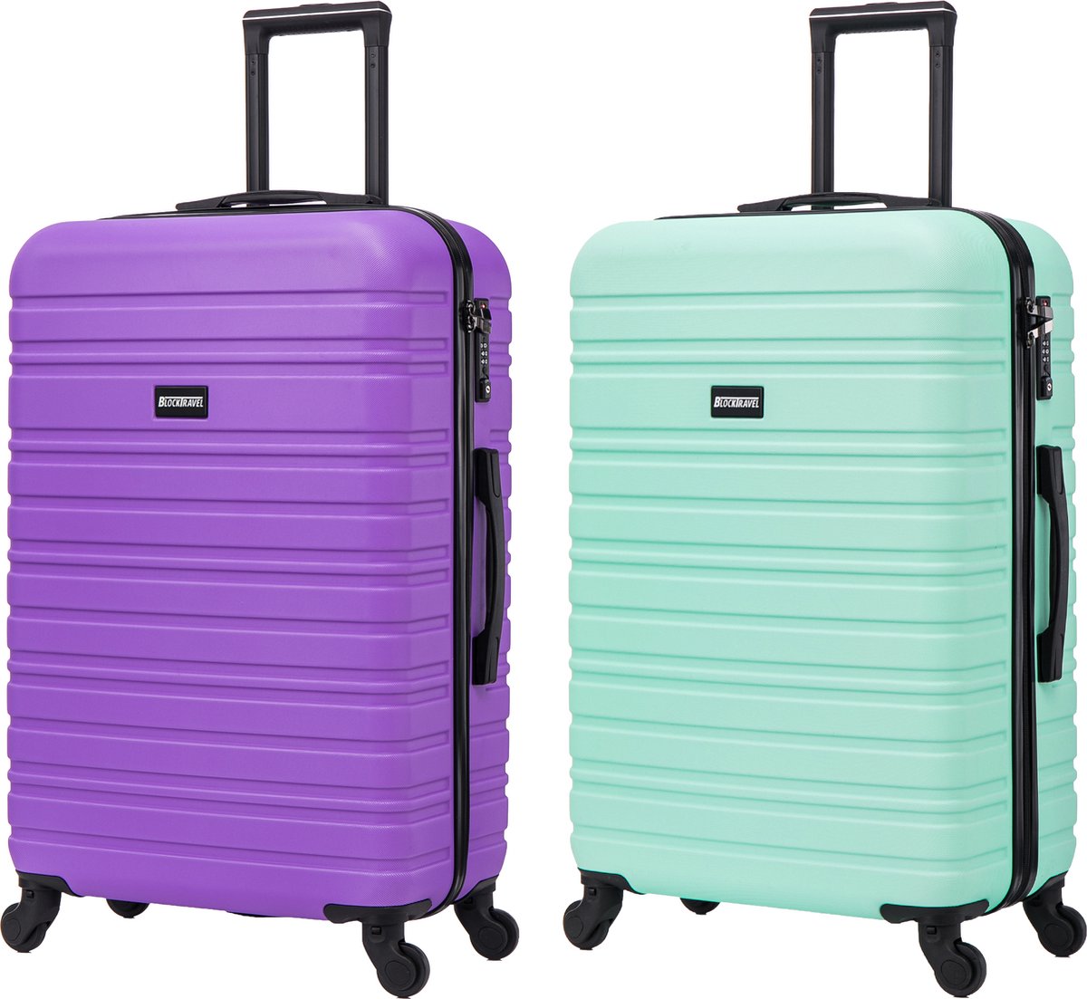 BlockTravel - kofferset - 2 delig - ABS - ruimbagage - met wielen afneembaar - 74 liter - inbouw TSA slot - mint groen - paars