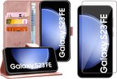 Hoesje geschikt voor Samsung Galaxy S23 FE - Screenprotector Glas - Portemonnee Book Case Rosegoud
