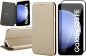 Hoesje geschikt voor Samsung Galaxy S23 FE - Screenprotector Volledig Dekkend Glas - Wallet Book Case Goud