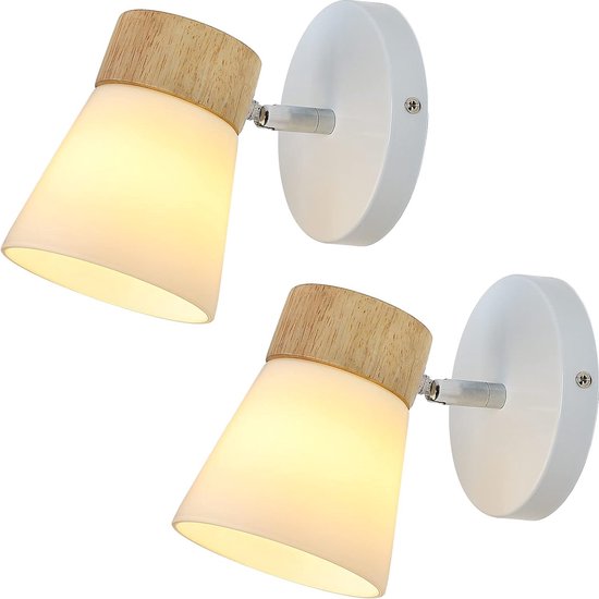 Delaveek-Set van 2 industriële wandlampen voor binnen - Met schakelaar - Glazen kap - Met houten beugel - E27(Zonder lichtbron)
