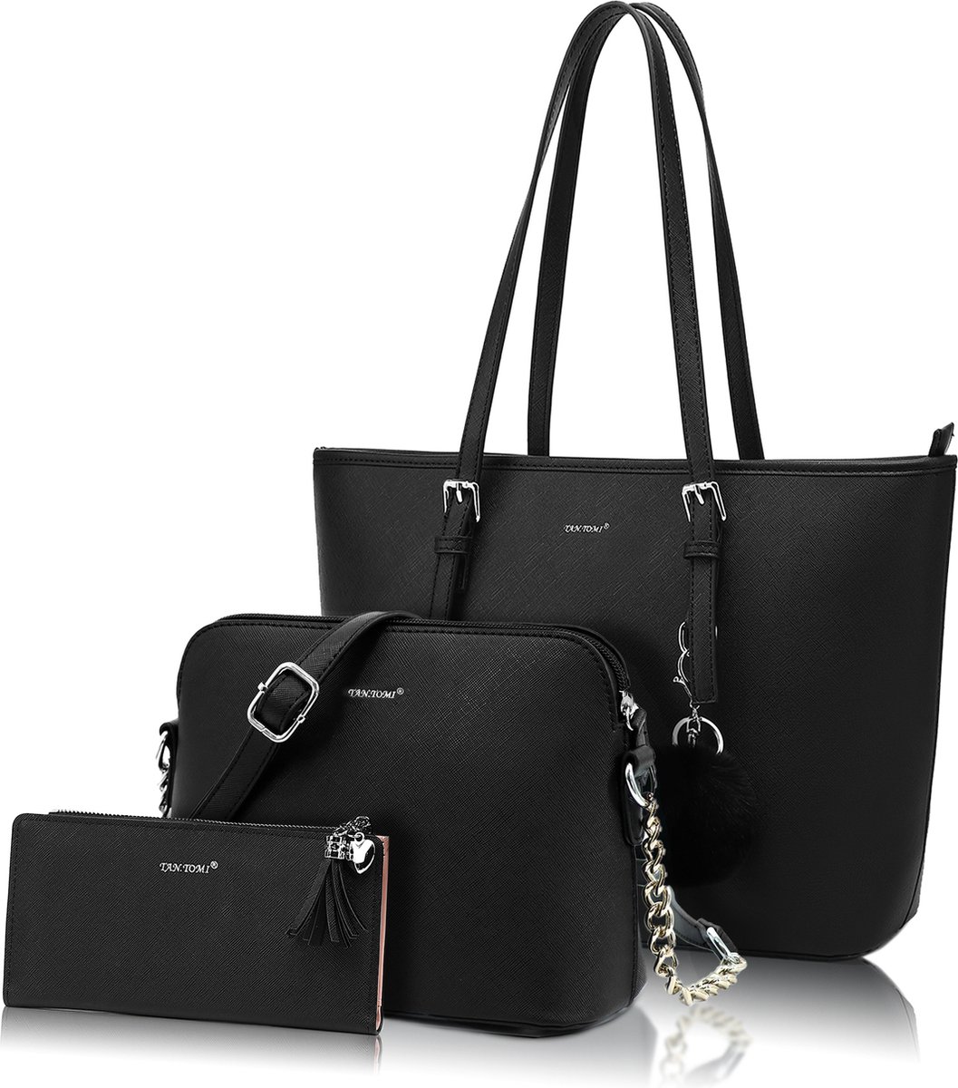 TAN.TOMI - Dames Handtassen, Driedelig Handtassen set met Dames Schoudertas, Shopper - Werktas - Schooltas - Zwart