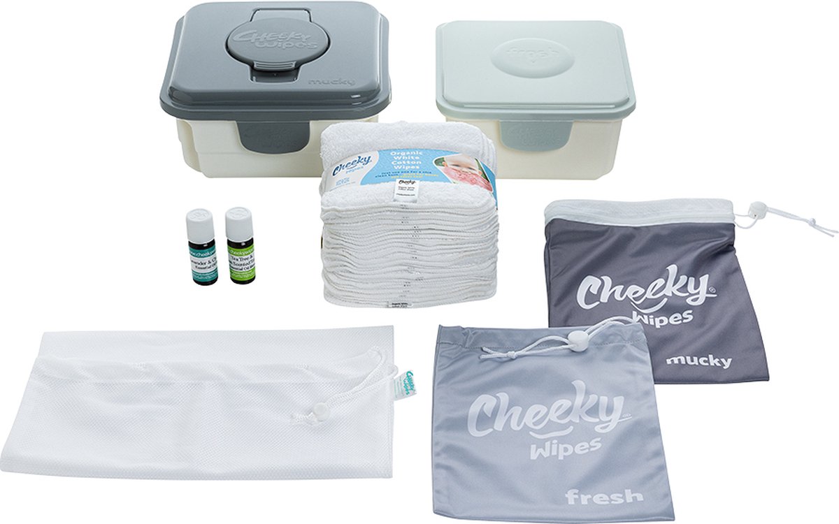 Goedkoopste Cheeky Wipes - All-in-One Kit 25 Doekjes Biologisch Katoen - Witte doekjes - Blauwe Doos - Incl. Lavendel/Kamille Olie - Zero Waste - Herbruikbaar - GOTS-gecertificeerd