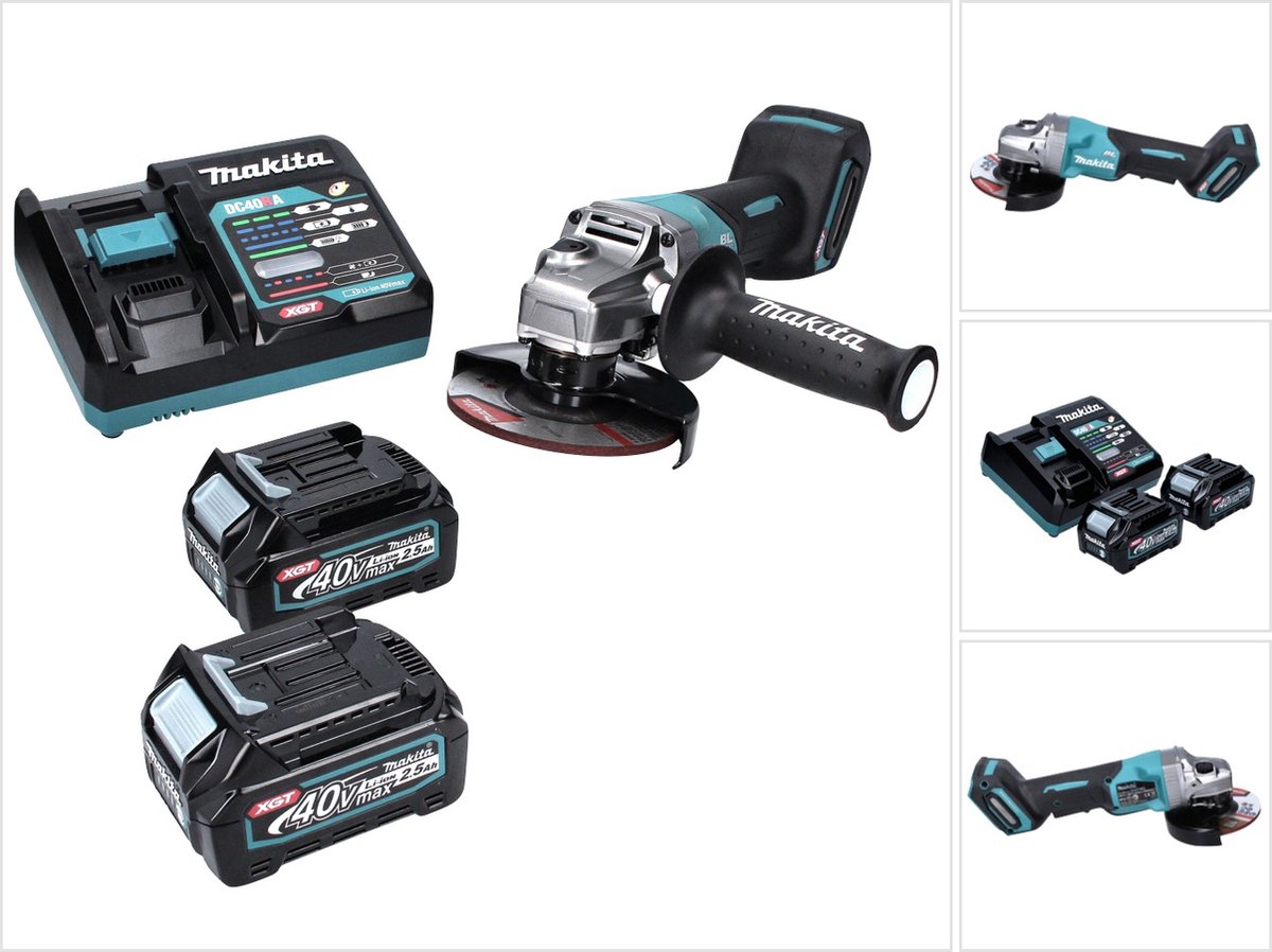 Makita GA 016 GD2 accu haakse slijper 40 V max. 125 mm borstelloos XGT + 2x accu 2,5 Ah + oplader
