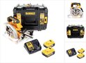 Gele en zwarte DeWalt cirkelzaag, opbergkoffer, lader en twee 5.0Ah accu's.