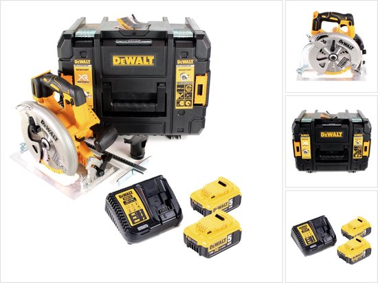 Gele en zwarte DeWalt cirkelzaag, opbergkoffer, lader en twee 5.0Ah accu's.