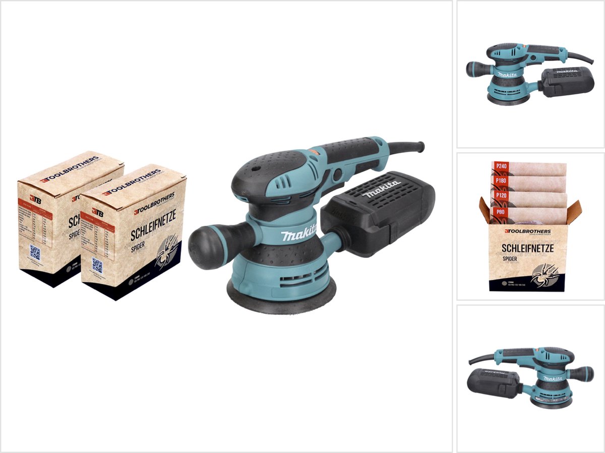 Makita BO 5041 excentrische schuurmachine / slijpmachine 300 W 125 mm + 2x Toolbrothers SPIDER schuurmiddelen set