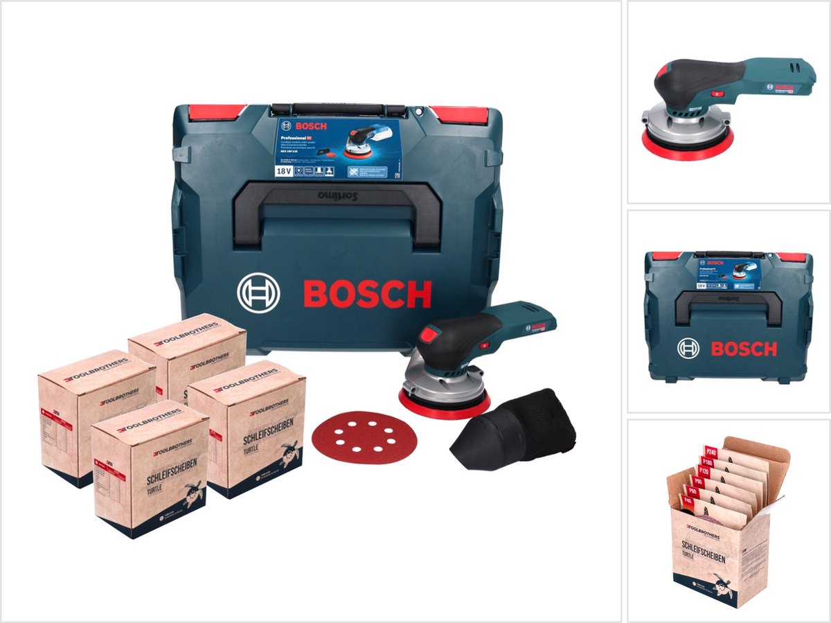 Bosch GEX 18V-125 Professional accu-excentrische schuurmachine 18 V 125 mm borstelloos + 4x Toolbrothers TURTLE schuurset + L-BOXX - zonder accu, zonder oplader