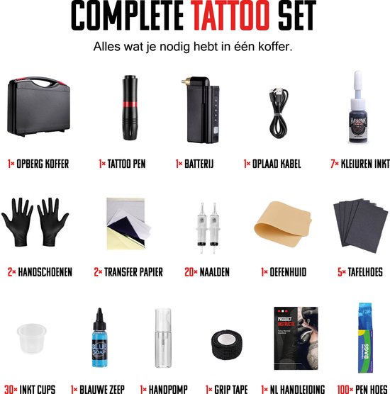 Tattoo Machine Set Draadloos voor Beginners Incl. Inkt en Naalden - Tattoo machine - Pen - Tattoo inkt - Complete Beginners Set met oefenhuid - Tattoo Machines - Tattoo Pen - Cartridges - Naalden - Inkt - Tattoo Kit
