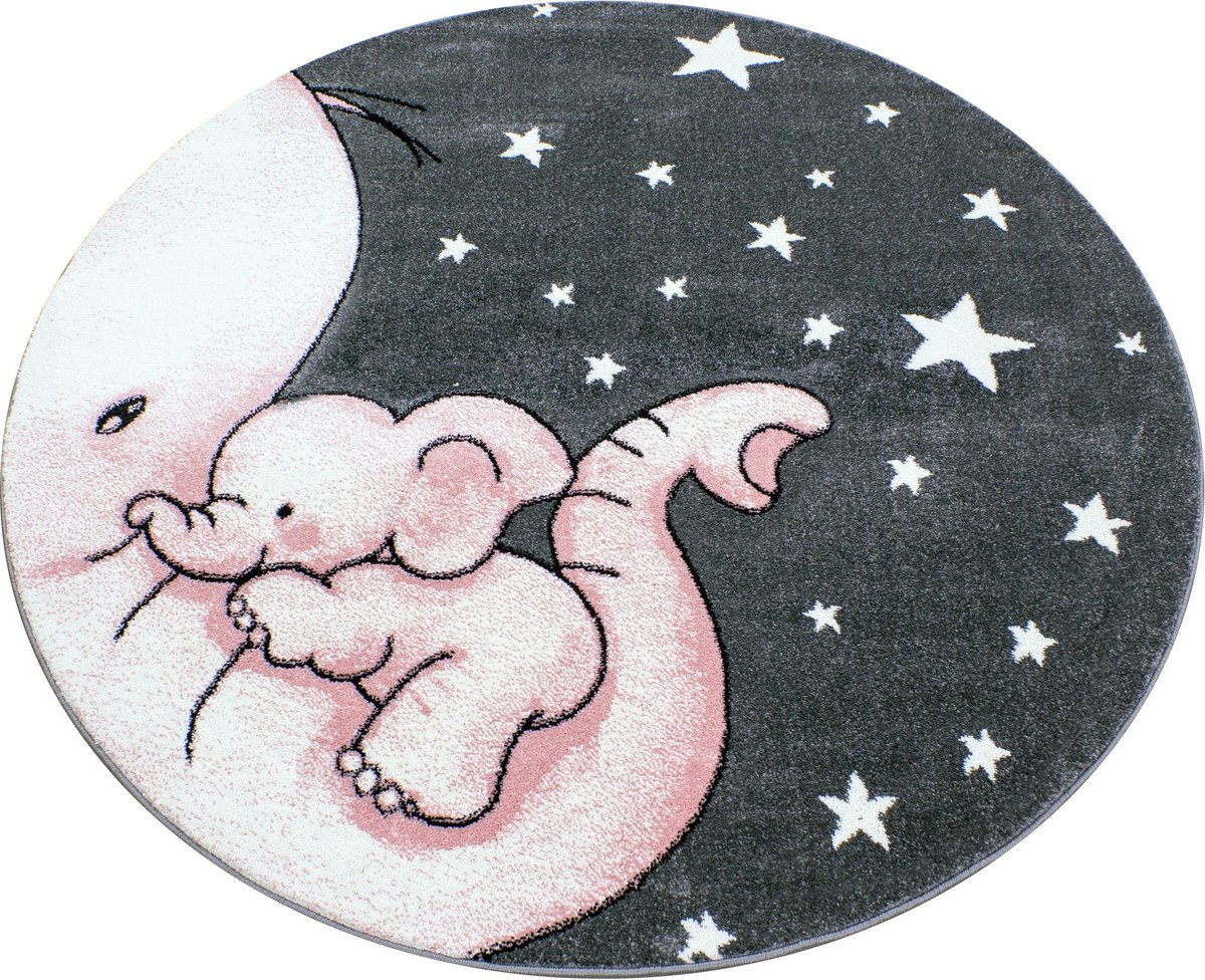 flycarpets Flycarpets - Kids Kinderkamer Olifant Roze Vloerkleed Rond - 120x120 cm Grijs