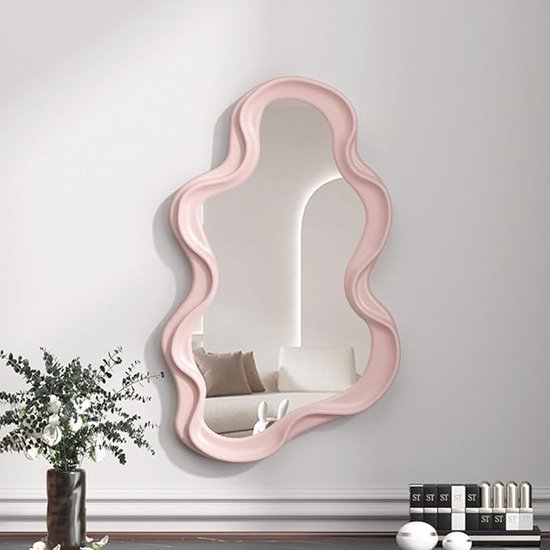 Onregelmatig frame muur opknoping spiegel decoratieve spiegel make-up spiegel make-up spiegel make-upspiegel voor badkamer woonkamer slaapkamer (roze)