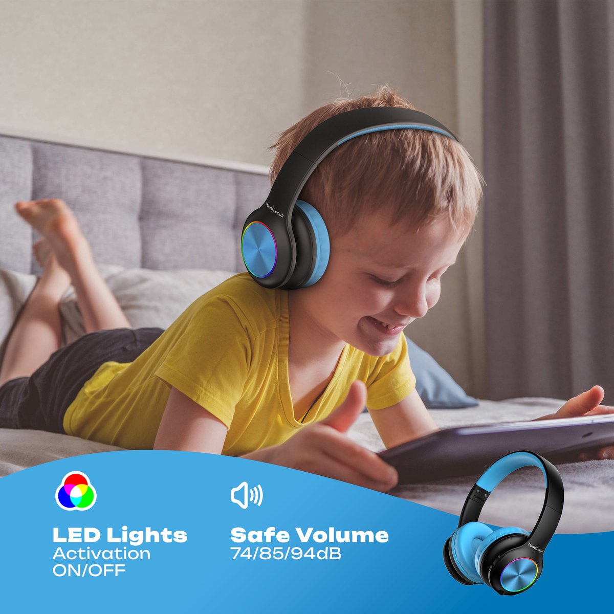 PowerLocus PLED Koptelefoon voor Kinderen, Draadloze Hoofdtelefoon voor Kinderen met LED lampjes, Microfoon, Micro SD slot, Opvouwbaar (Blauw