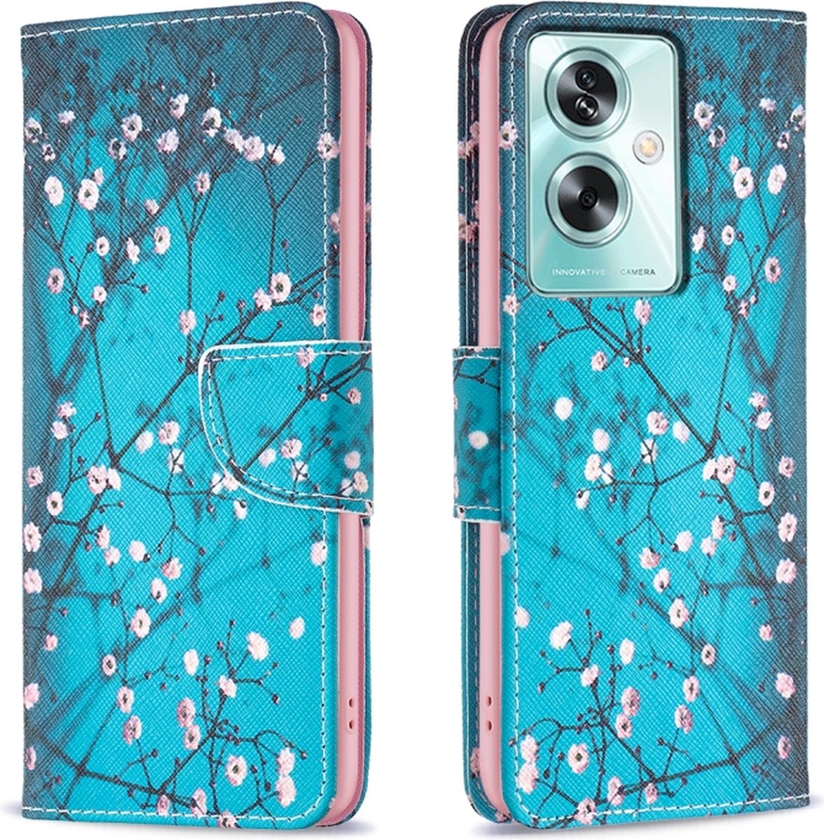 Blauw bloemen bloesem agenda book case hoesje Oppo A79 5G