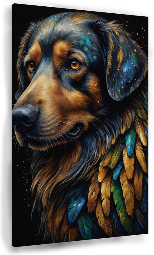 Hond met goud - Woonkamer schilderij op canvas - Canvas schilderij goud - Wanddecoratie modern - Canvas schilderijen woonkamer - Decoratie muur - 50 x 70 cm 18mm